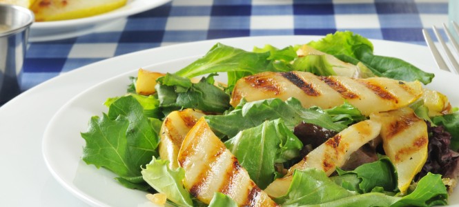 Grilled Pear Salad – Harvest Grilling Series Grilled pear salad on romaine, green leaf and tango lettuce