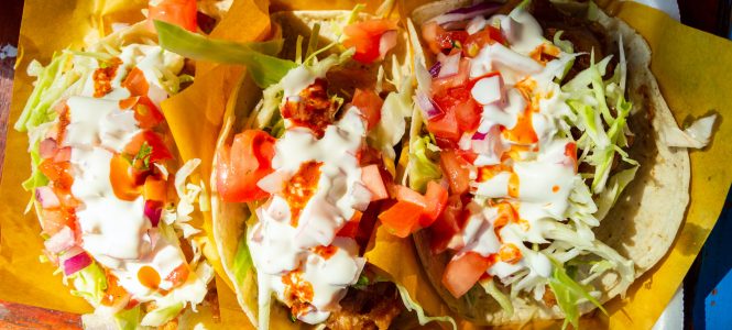 Grilled Fish Tacos with Salsa Verde – Memorial Day Backyard BBQ Series Fish tacos, Baja California style battered seafood tacos, served with fresh vegetables and sauces