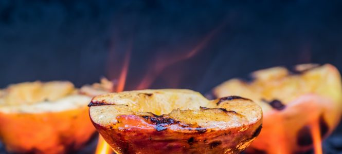 BBQ Chicken with Sweet Chili–Peach Glaze – Harvest Grilling Series Grilled Peaches and Flames caramelize during a summer cookout